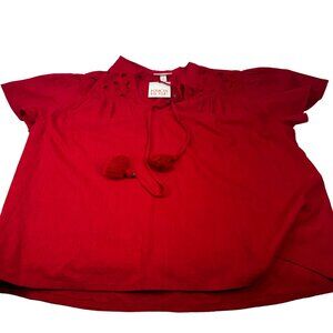 Knox Rose Women's Size XL Eyelet Top Short Sleeve V Neck Red New With Tags